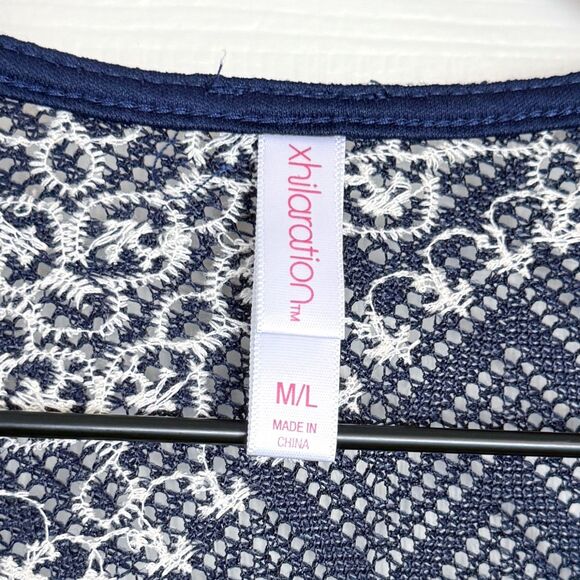 Xhilaration Navy White Crochet Sheer Caftan Open Front Cover Up Cardigan M - L - Picture 5 of 8